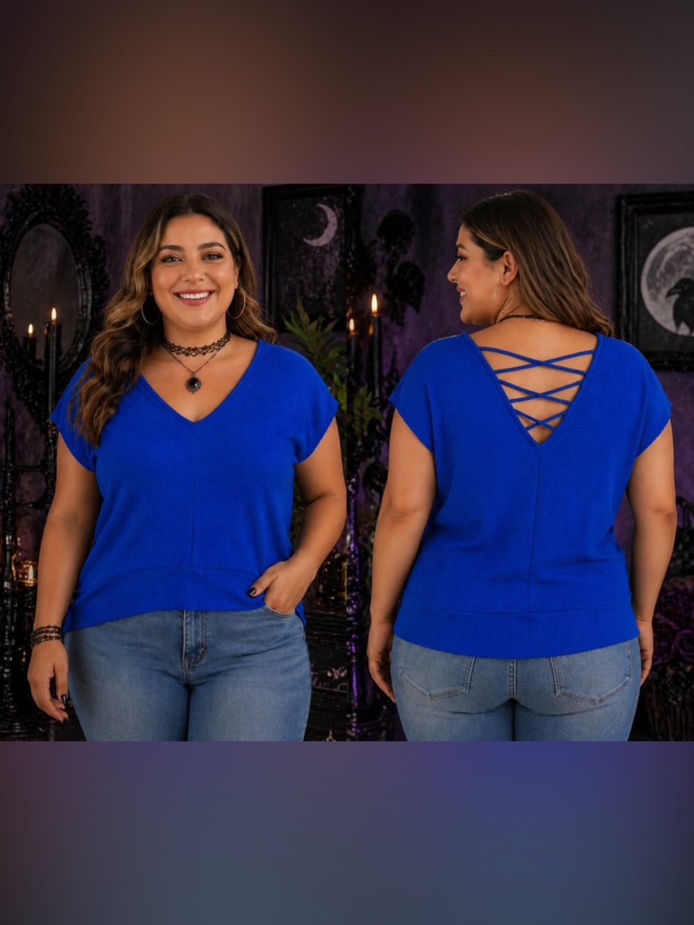 Fortune + Ivy Classic V-Neck Knit Top with Crisscross Back - Royal Blue medium